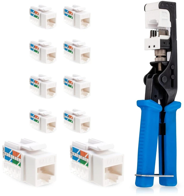 Main image of Speed Termination Tool - Easy Punch Down with Stainless Steel Blades For 45 Degree RJ45 LAN Cat6 / Cat5e Keystone Jacks + 10 White Cat6 Keystones Jack Connectors Kit