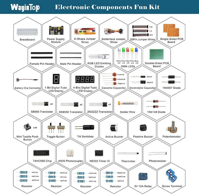 Alt view image 2 of 5 - WayinTop Electronics Component Fun Kit w/E-Book, Upgraded Electronic Starter Kit with Breadboard, Jumper Wires, PCB Soldering Kit, LEDs & Resistor Kit for Arduino, Raspberry Pi, ESP32, ESP8266