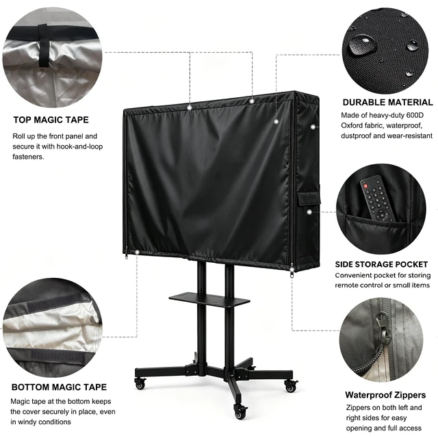 Alt view image 3 of 5 - Black Waterproof Mobile TV Cart Cover Dustproof Outdoor Protector Fit 55-65 Inch Rolling Television Stand