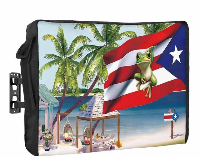 Main image of Puerto Rico Outdoor TV Cover 52 to 55 inch Weatherproof Waterproof, Flag Frog Red White Stripes Beach Palm Trees TV Enclosures with Remote Control Pocket Flat Screen Protector for Outside
