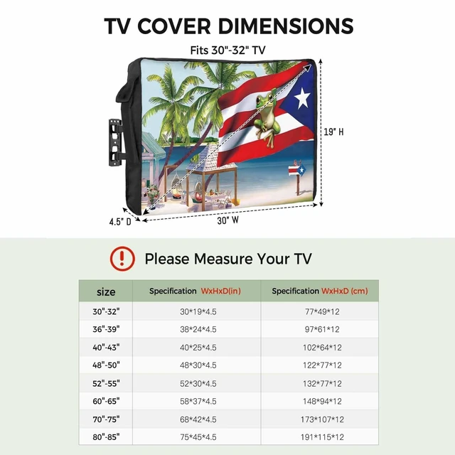 Alt view image 2 of 5 - Puerto Rico Outdoor TV Cover 52 to 55 inch Weatherproof Waterproof, Flag Frog Red White Stripes Beach Palm Trees TV Enclosures with Remote Control Pocket Flat Screen Protector for Outside