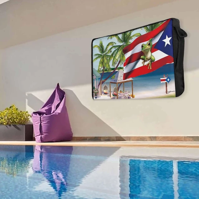 Alt view image 5 of 5 - Puerto Rico Outdoor TV Cover 52 to 55 inch Weatherproof Waterproof, Flag Frog Red White Stripes Beach Palm Trees TV Enclosures with Remote Control Pocket Flat Screen Protector for Outside