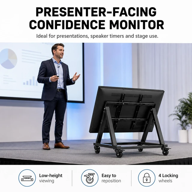 Alt view image 2 of 5 - Low Height Mobile TV Stand with Wheels, Confidence Monitor Stand for 26-65 Inch TVs, Heavy Duty Rolling Floor TV Cart, VESA 200x200 to 600x600, 30 Tilt, Cable Ties Included