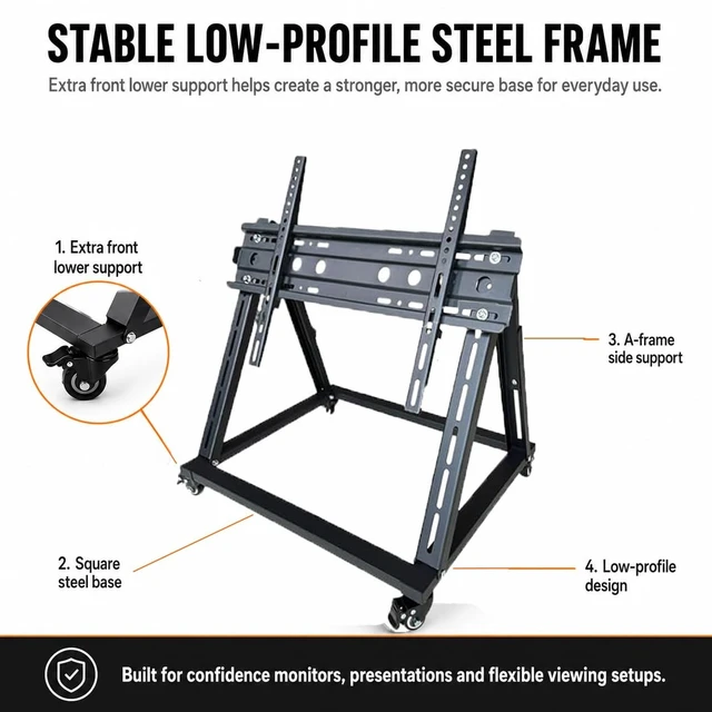 Alt view image 4 of 5 - Low Height Mobile TV Stand with Wheels, Confidence Monitor Stand for 26-65 Inch TVs, Heavy Duty Rolling Floor TV Cart, VESA 200x200 to 600x600, 30 Tilt, Cable Ties Included