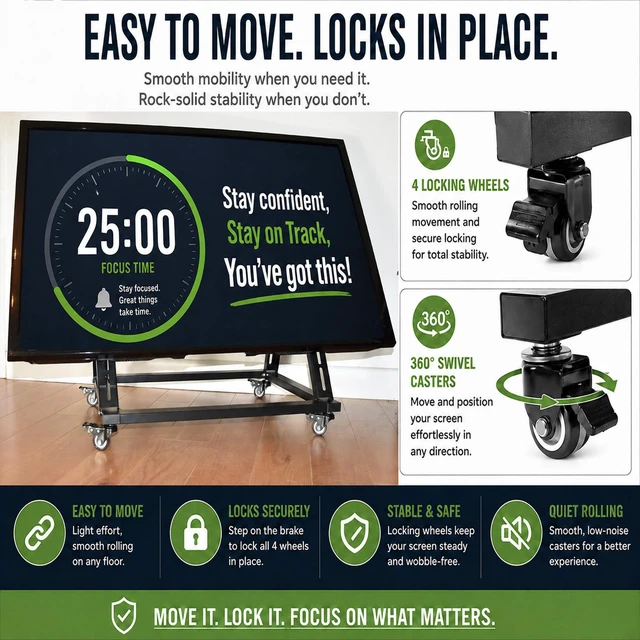 Alt view image 5 of 5 - Low Height Mobile TV Stand with Wheels, Confidence Monitor Stand for 26-65 Inch TVs, Heavy Duty Rolling Floor TV Cart, VESA 200x200 to 600x600, 30 Tilt, Cable Ties Included