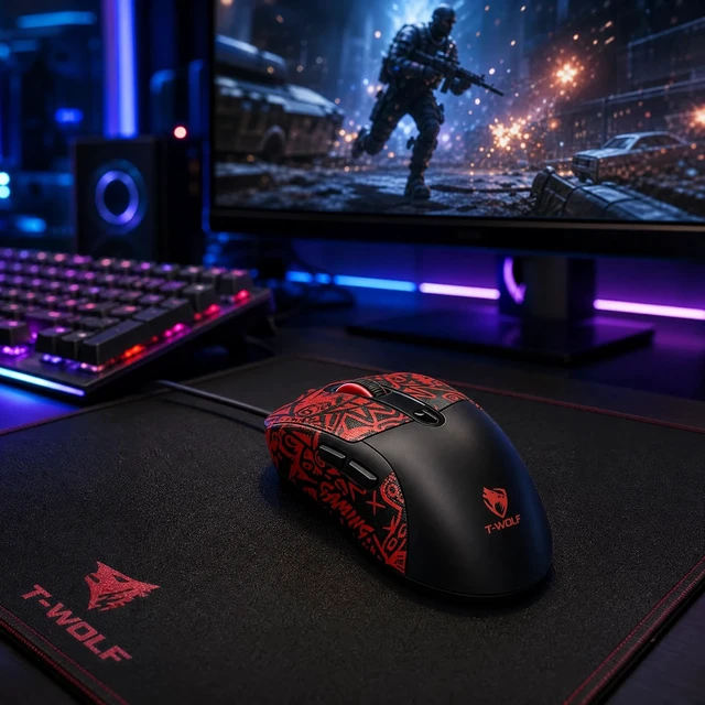 Alt view image 2 of 5 - Rabbitiger Wired Gaming Mouse, 7200 Adjustable DPI, 6 programmable Buttons, 3 Million-Click lifespan, 1.5-Meter Braided Cable, red Non-Slip Grip padfor PC Gaming and Office use