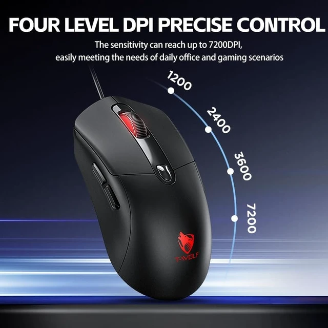 Alt view image 5 of 5 - Rabbitiger Wired Gaming Mouse, 7200 Adjustable DPI, 6 programmable Buttons, 3 Million-Click lifespan, 1.5-Meter Braided Cable, red Non-Slip Grip padfor PC Gaming and Office use