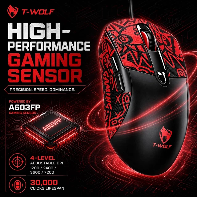 Alt view image 3 of 5 - Rabbitiger Wired Gaming Mouse, 7200 Adjustable DPI, 6 programmable Buttons, 3 Million-Click lifespan, 1.5-Meter Braided Cable, red Non-Slip Grip padfor PC Gaming and Office use