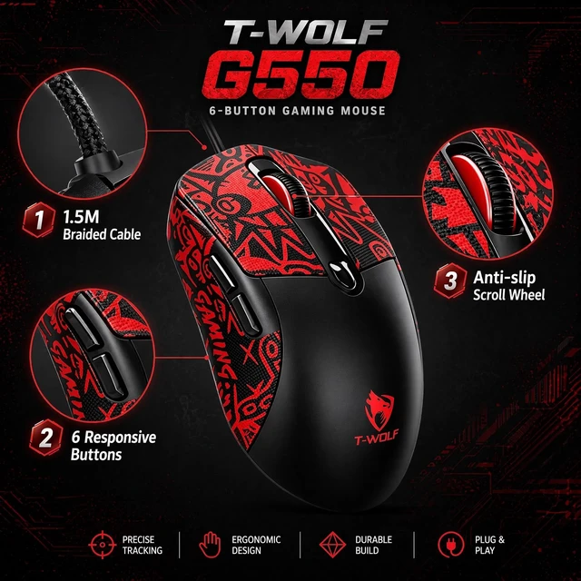 Alt view image 4 of 5 - Rabbitiger Wired Gaming Mouse, 7200 Adjustable DPI, 6 programmable Buttons, 3 Million-Click lifespan, 1.5-Meter Braided Cable, red Non-Slip Grip padfor PC Gaming and Office use