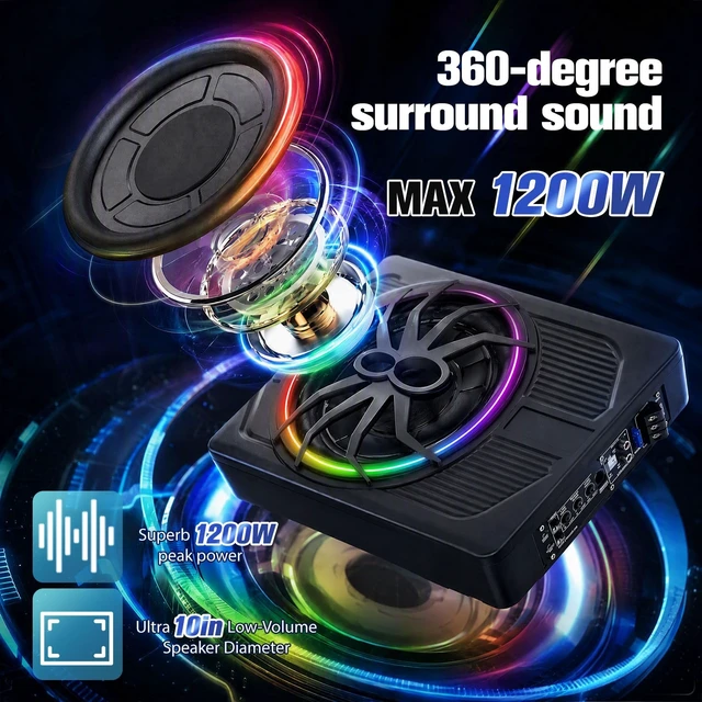 Alt view image 2 of 5 - 10"1200W Under Seat Subwoofers With Amp,All-in-One Subwoofer And Amp Package With RGB Light&Robust Cooling,Individual Control for Low Pass/Gain/Boost Bass,Perfect Deep Bass for Car/Truck/SUV/Jeep/MPV