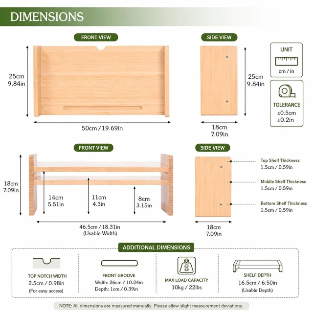 Alt view image 2 of 5 - Bamboo Monitor Stand for Desk, 3-Level Adjustable Monitor Riser, Wooden Desktop Shelf Organizer, Portable and adjustable Laptop Stand for Desk, Macbook stand and Computer Tower Stand, TV Riser Printer