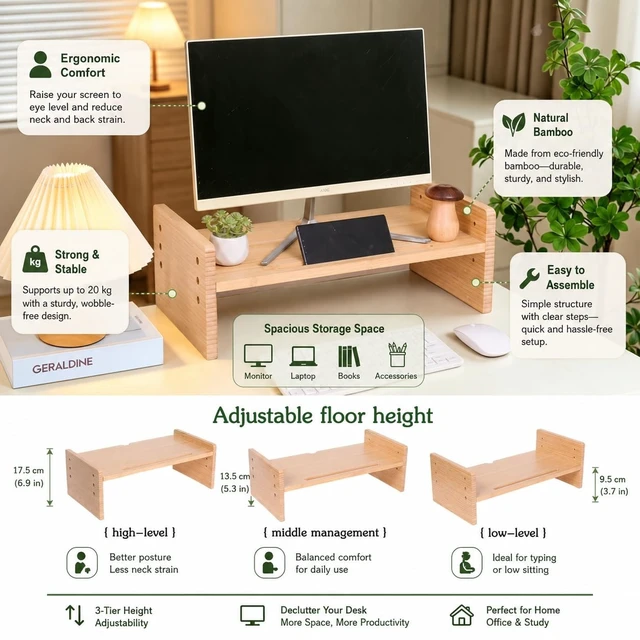Alt view image 4 of 5 - Bamboo Monitor Stand for Desk, 3-Level Adjustable Monitor Riser, Wooden Desktop Shelf Organizer, Portable and adjustable Laptop Stand for Desk, Macbook stand and Computer Tower Stand, TV Riser Printer