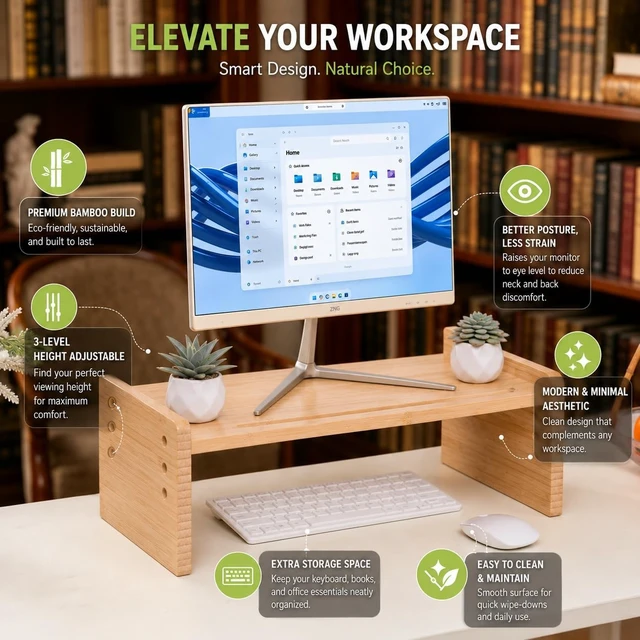 Alt view image 3 of 5 - Bamboo Monitor Stand for Desk, 3-Level Adjustable Monitor Riser, Wooden Desktop Shelf Organizer, Portable and adjustable Laptop Stand for Desk, Macbook stand and Computer Tower Stand, TV Riser Printer