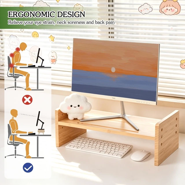 Alt view image 5 of 5 - Bamboo Monitor Stand for Desk, 3-Level Adjustable Monitor Riser, Wooden Desktop Shelf Organizer, Portable and adjustable Laptop Stand for Desk, Macbook stand and Computer Tower Stand, TV Riser Printer