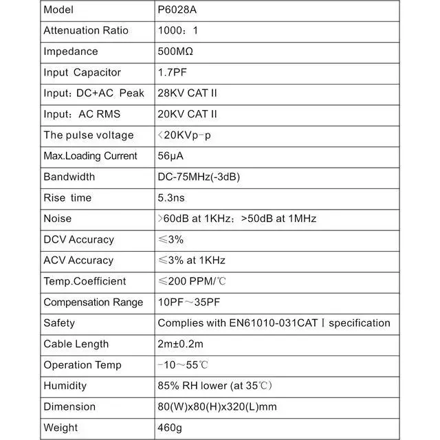 Alt view image 2 of 2 - PINTECH High Voltage Probe for Oscilloscope, 28kV Max DC, 20kV Max AC, 75MHz, 1000:1 Attenuation Rate, Oscope Probe with BNC Connector, P6028A