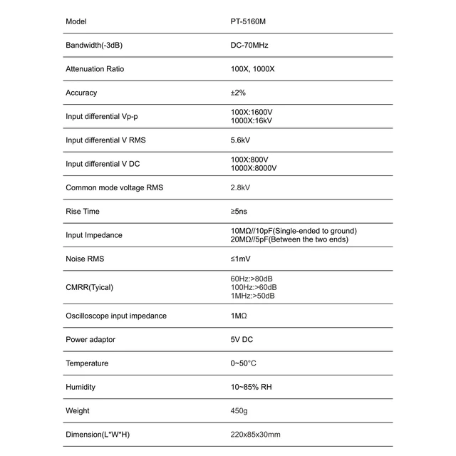 Alt view image 2 of 4 - PINTECH High Frequency Differential Probes for Oscilloscope 16kV, 70MHZ, 100X/1000X Attenuation Rate, Oscilloscope Probe with Standard BNC Interface, PT-5160M
