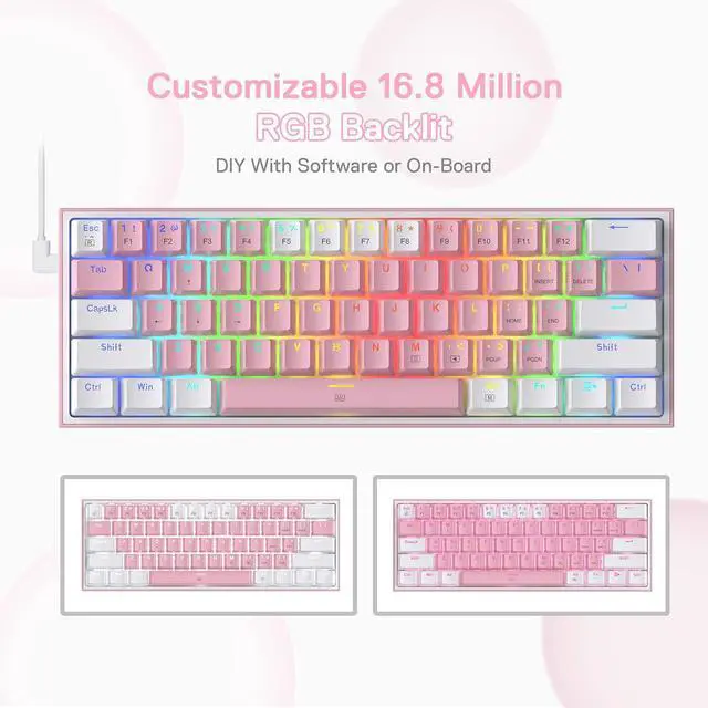 Alt view image 6 of 7 - K617 Fizz 60% Wired RGB Gaming Keyboard, 61 Keys Hot-Swap Compact Mechanical Keyboard w/White and Pink Color Keycaps, Linear Red Switch, Pro Driver/Software Supported