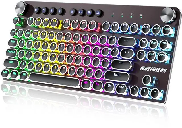 Main image of Wireless Typewriter Keyboard Mechanical TKL, 2.4G/BT5.0/Wired WM87 Retro Vintage Gaming Keyboard Typewriter Style with Punk Round Keycaps True RGB Backlit, 2 Control Knobs, Clicky Switch