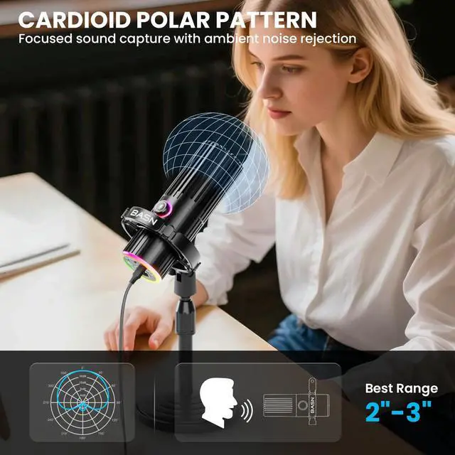 Alt view image 3 of 7 - USB/XLR Dynamic Microphone for Podcast, Live Streaming, Gaming Recording with RGB Mute Button, Headphone Monitoring and MIC Stand (SL2000) Black