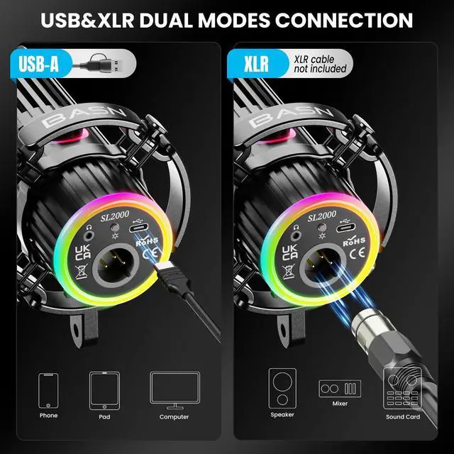 Alt view image 4 of 7 - USB/XLR Dynamic Microphone for Podcast, Live Streaming, Gaming Recording with RGB Mute Button, Headphone Monitoring and MIC Stand (SL2000) Black
