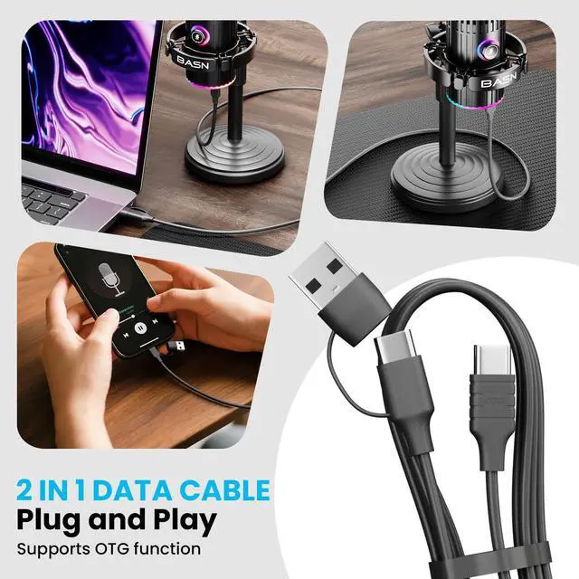 Alt view image 5 of 7 - USB/XLR Dynamic Microphone for Podcast, Live Streaming, Gaming Recording with RGB Mute Button, Headphone Monitoring and MIC Stand (SL2000) Black