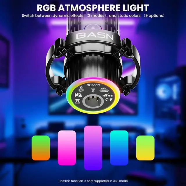 Alt view image 7 of 7 - USB/XLR Dynamic Microphone for Podcast, Live Streaming, Gaming Recording with RGB Mute Button, Headphone Monitoring and MIC Stand (SL2000) Black