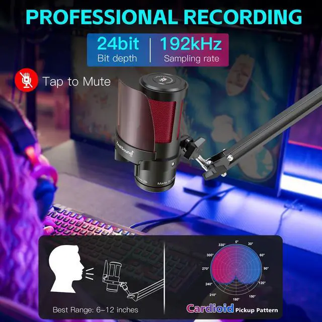 Alt view image 2 of 7 - Gaming Microphone for PC/Mac/iPhone/Phone 192kHz/24-bit Podcast Mic with Noise Reduction, Tap-to-Mute, Gain, Monitoring, Boom Arm, Pop Filter, RGB Lighting for Streaming, Gaming, Recording