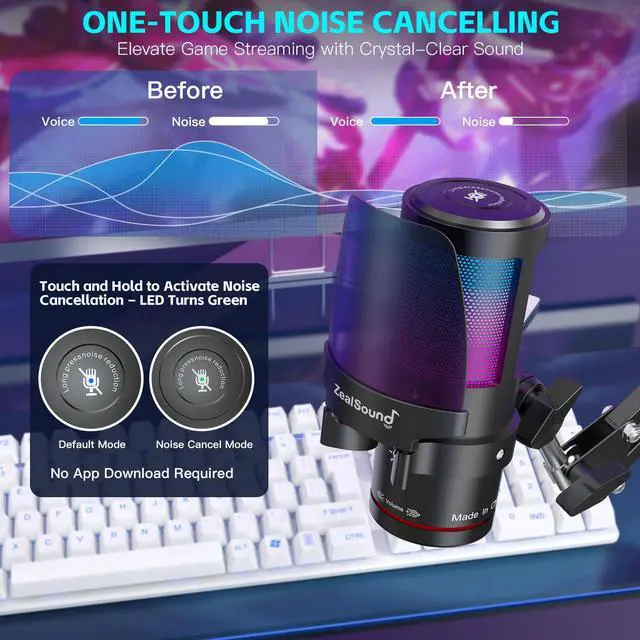 Alt view image 3 of 7 - Gaming Microphone for PC/Mac/iPhone/Phone 192kHz/24-bit Podcast Mic with Noise Reduction, Tap-to-Mute, Gain, Monitoring, Boom Arm, Pop Filter, RGB Lighting for Streaming, Gaming, Recording