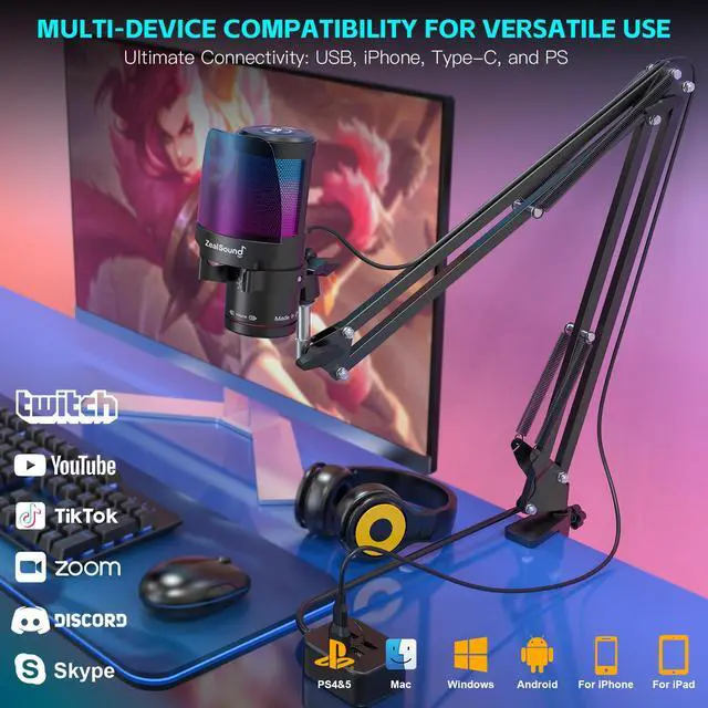 Alt view image 4 of 7 - Gaming Microphone for PC/Mac/iPhone/Phone 192kHz/24-bit Podcast Mic with Noise Reduction, Tap-to-Mute, Gain, Monitoring, Boom Arm, Pop Filter, RGB Lighting for Streaming, Gaming, Recording