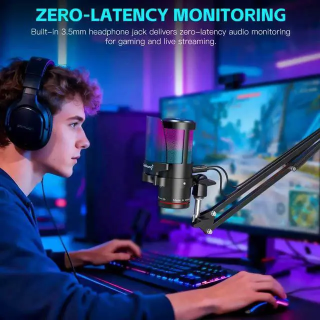 Alt view image 6 of 7 - Gaming Microphone for PC/Mac/iPhone/Phone 192kHz/24-bit Podcast Mic with Noise Reduction, Tap-to-Mute, Gain, Monitoring, Boom Arm, Pop Filter, RGB Lighting for Streaming, Gaming, Recording