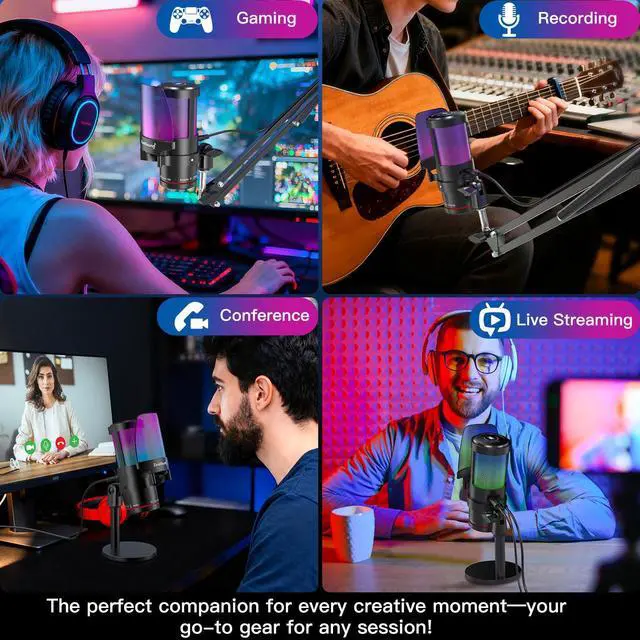 Alt view image 7 of 7 - Gaming Microphone for PC/Mac/iPhone/Phone 192kHz/24-bit Podcast Mic with Noise Reduction, Tap-to-Mute, Gain, Monitoring, Boom Arm, Pop Filter, RGB Lighting for Streaming, Gaming, Recording