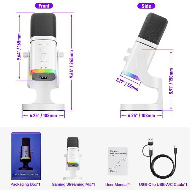Alt view image 3 of 3 - Dynamic Microphone for Gaming, USB/XLR Desktop Stand Mic with Echo Volume Control,PC Computer Gaming Streaming Microphone with RGB Light, Mute Button, Gamer-Podcast Mic Kit,Yu8