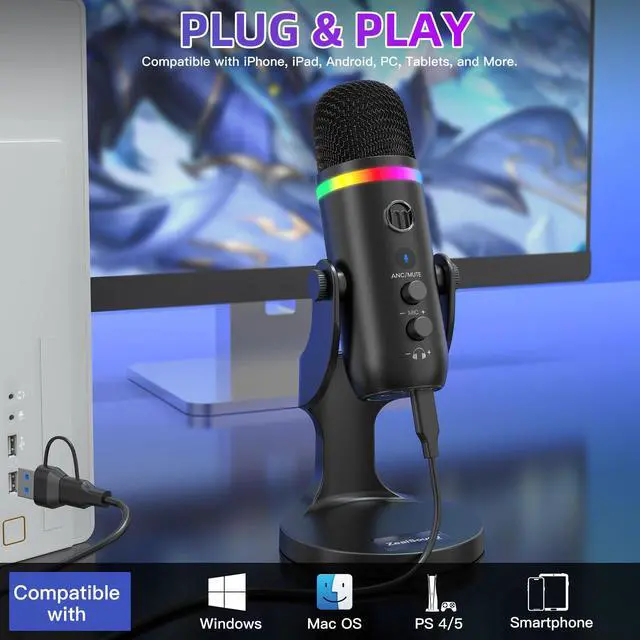 Alt view image 2 of 7 - Podcast Microphone for PC, USB Mic with Noise Reduction, Tap-to-Mute, Gain & Echo Controls, Zero-Latency Monitoring, RGB Lighting for Mac, iPhone, iPad, Live Streaming & Voice-Over K66 Pro