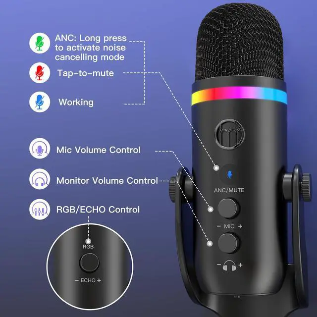 Alt view image 3 of 7 - Podcast Microphone for PC, USB Mic with Noise Reduction, Tap-to-Mute, Gain & Echo Controls, Zero-Latency Monitoring, RGB Lighting for Mac, iPhone, iPad, Live Streaming & Voice-Over K66 Pro