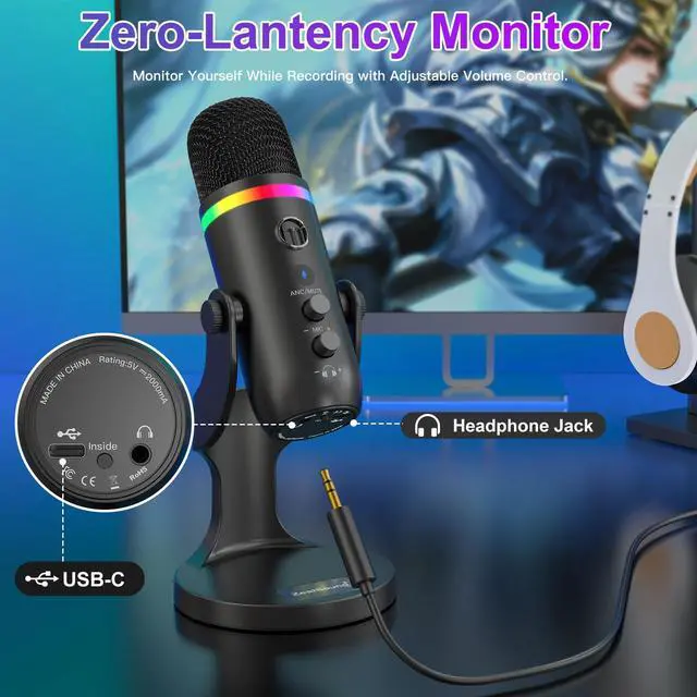 Alt view image 4 of 7 - Podcast Microphone for PC, USB Mic with Noise Reduction, Tap-to-Mute, Gain & Echo Controls, Zero-Latency Monitoring, RGB Lighting for Mac, iPhone, iPad, Live Streaming & Voice-Over K66 Pro
