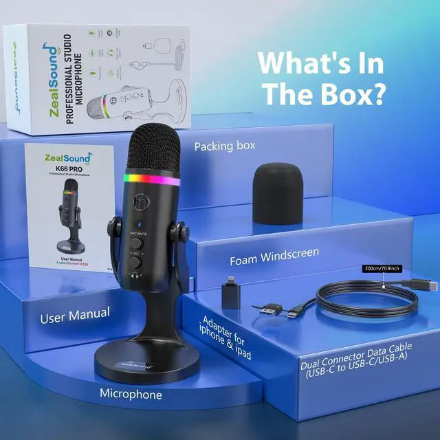 Alt view image 7 of 7 - Podcast Microphone for PC, USB Mic with Noise Reduction, Tap-to-Mute, Gain & Echo Controls, Zero-Latency Monitoring, RGB Lighting for Mac, iPhone, iPad, Live Streaming & Voice-Over K66 Pro