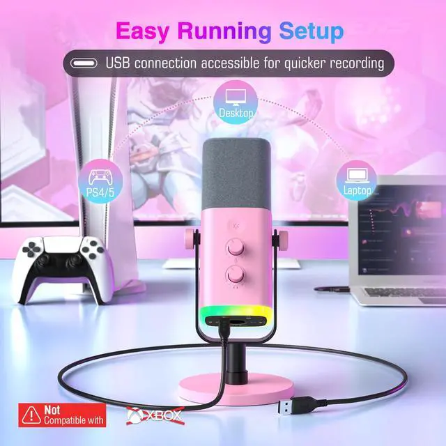 Alt view image 3 of 7 - XLR/USB Microphone, Gaming Recording PC Microphone with Headphones Jack, Mute Button, Dynamic RGB Mic for Computer, Streaming Mic for Podcasting Voice-Over YouTube Video-AmpliGame AM8 Pink