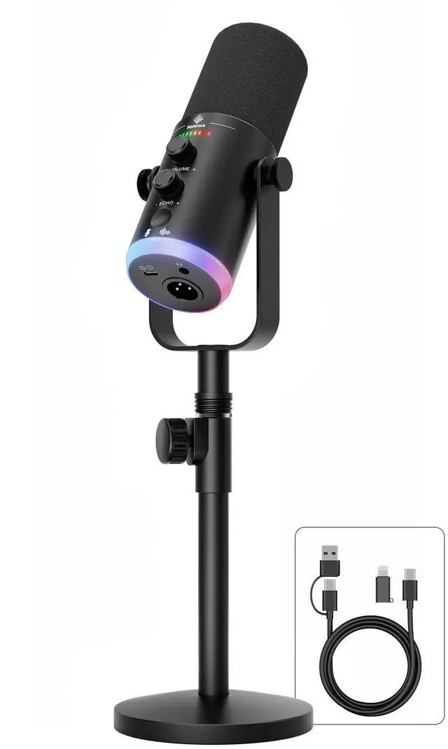 Main image of USB/XLR Dynamic Podcast Microphone with RGB Lighting, PC Gaming Streaming Mic with Mute Button, Headphone Jack and Desktop Stand TX2