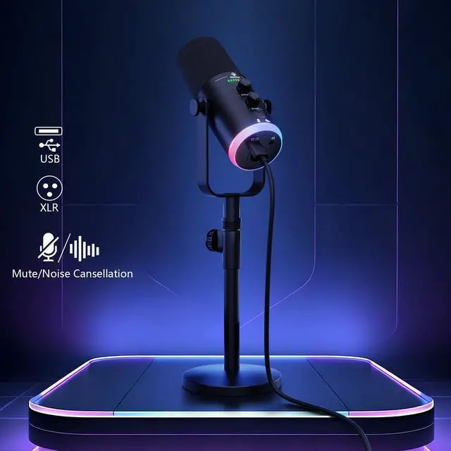 Alt view image 2 of 7 - USB/XLR Dynamic Podcast Microphone with RGB Lighting, PC Gaming Streaming Mic with Mute Button, Headphone Jack and Desktop Stand TX2