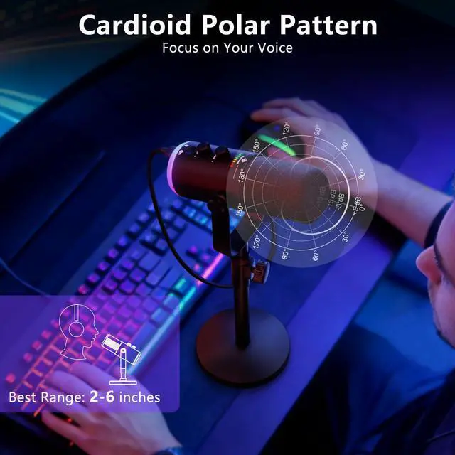 Alt view image 4 of 7 - USB/XLR Dynamic Podcast Microphone with RGB Lighting, PC Gaming Streaming Mic with Mute Button, Headphone Jack and Desktop Stand TX2