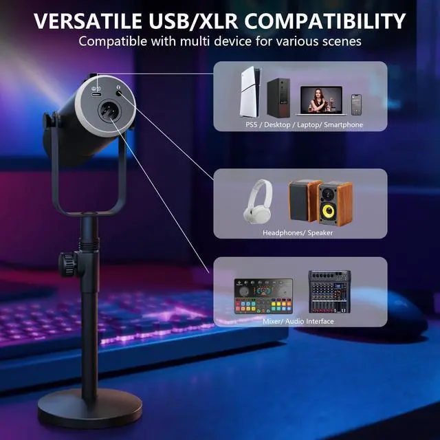 Alt view image 5 of 7 - USB/XLR Dynamic Podcast Microphone with RGB Lighting, PC Gaming Streaming Mic with Mute Button, Headphone Jack and Desktop Stand TX2