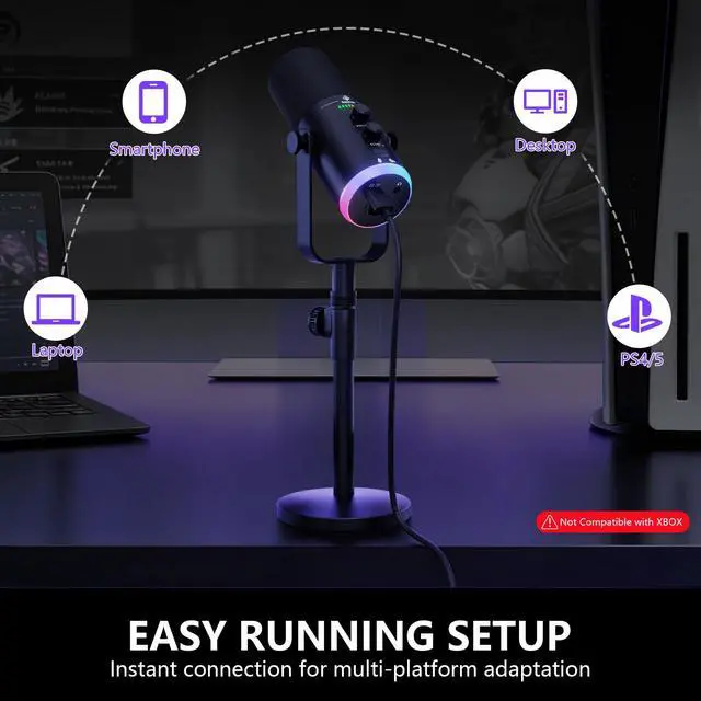 Alt view image 6 of 7 - USB/XLR Dynamic Podcast Microphone with RGB Lighting, PC Gaming Streaming Mic with Mute Button, Headphone Jack and Desktop Stand TX2