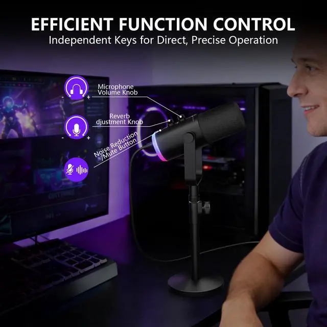 Alt view image 7 of 7 - USB/XLR Dynamic Podcast Microphone with RGB Lighting, PC Gaming Streaming Mic with Mute Button, Headphone Jack and Desktop Stand TX2