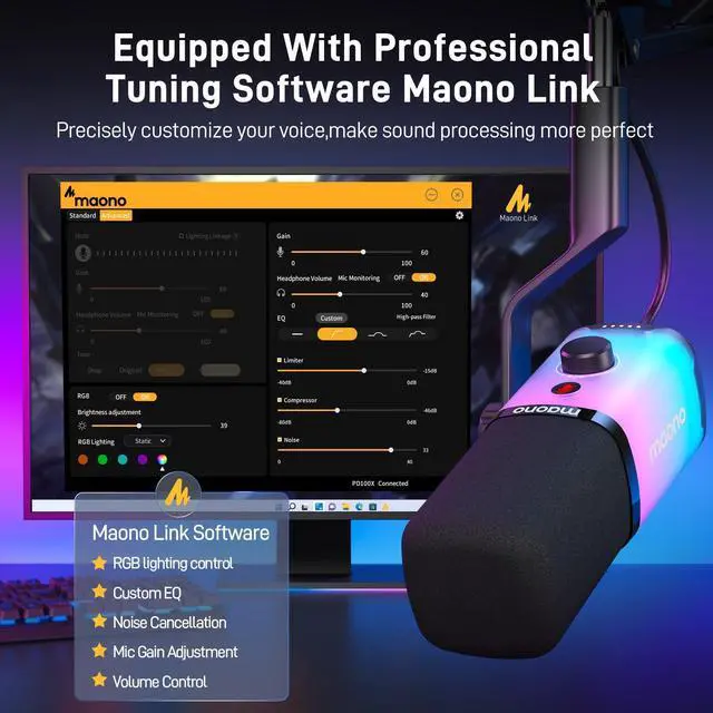Alt view image 5 of 7 - =Dynamic Gaming Microphone: USB/XLR Streaming Mic for PC Podcast Recording, Custom Software, RGB, Mute Button, Gain Knob, 48kHz/24bit Studio Desktop Mic for YouTube Video Creation -PD100X RGB