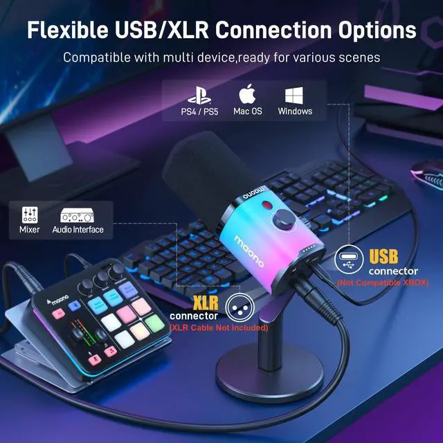 Alt view image 6 of 7 - =Dynamic Gaming Microphone: USB/XLR Streaming Mic for PC Podcast Recording, Custom Software, RGB, Mute Button, Gain Knob, 48kHz/24bit Studio Desktop Mic for YouTube Video Creation -PD100X RGB