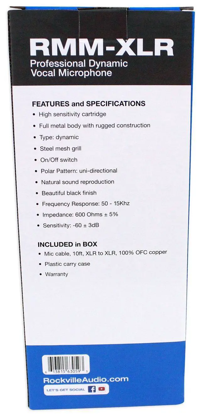 Alt view image 7 of 7 - RMM-XLR Super Cardioid Dynamic Microphone, 600 Ohm, Metal Body, On/Off Switch, 10ft XLR Cable, Black Finish, for Live Performances and Vocals