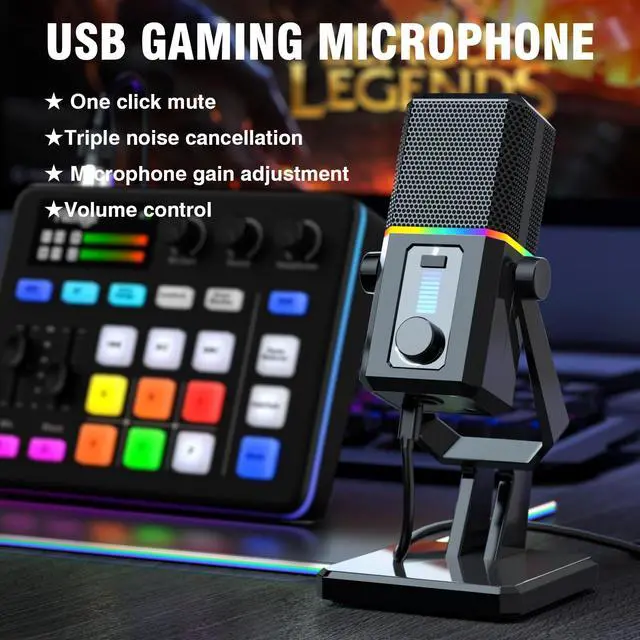 Alt view image 2 of 7 - HK2 Gaming Microphone, USB Dynamic Gaming Microphone for PC, Computer Gaming Streaming Mic with RGB Light, Mute Button, Gain Control, Desktop Podcast Mic for Recording Studio Twitch YouTube