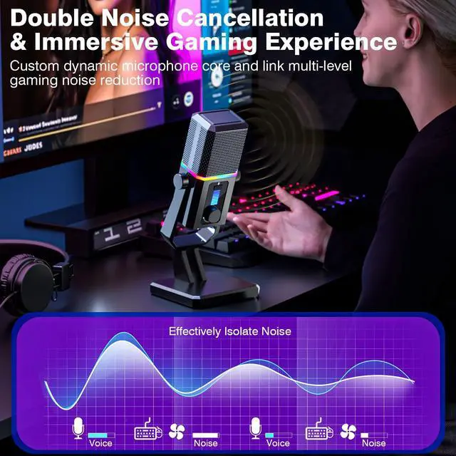 Alt view image 4 of 7 - HK2 Gaming Microphone, USB Dynamic Gaming Microphone for PC, Computer Gaming Streaming Mic with RGB Light, Mute Button, Gain Control, Desktop Podcast Mic for Recording Studio Twitch YouTube