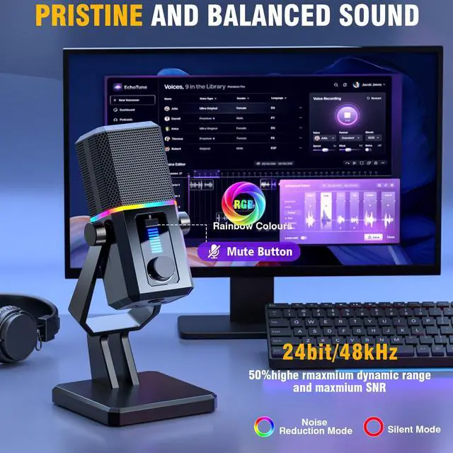 Alt view image 5 of 7 - HK2 Gaming Microphone, USB Dynamic Gaming Microphone for PC, Computer Gaming Streaming Mic with RGB Light, Mute Button, Gain Control, Desktop Podcast Mic for Recording Studio Twitch YouTube