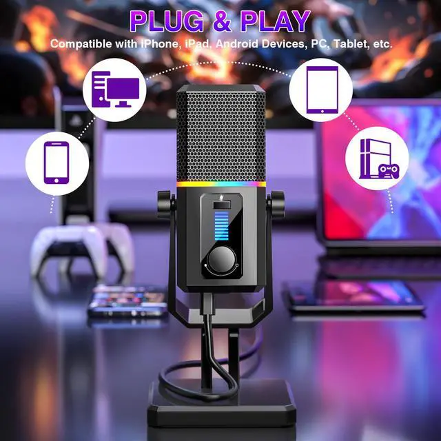 Alt view image 6 of 7 - HK2 Gaming Microphone, USB Dynamic Gaming Microphone for PC, Computer Gaming Streaming Mic with RGB Light, Mute Button, Gain Control, Desktop Podcast Mic for Recording Studio Twitch YouTube